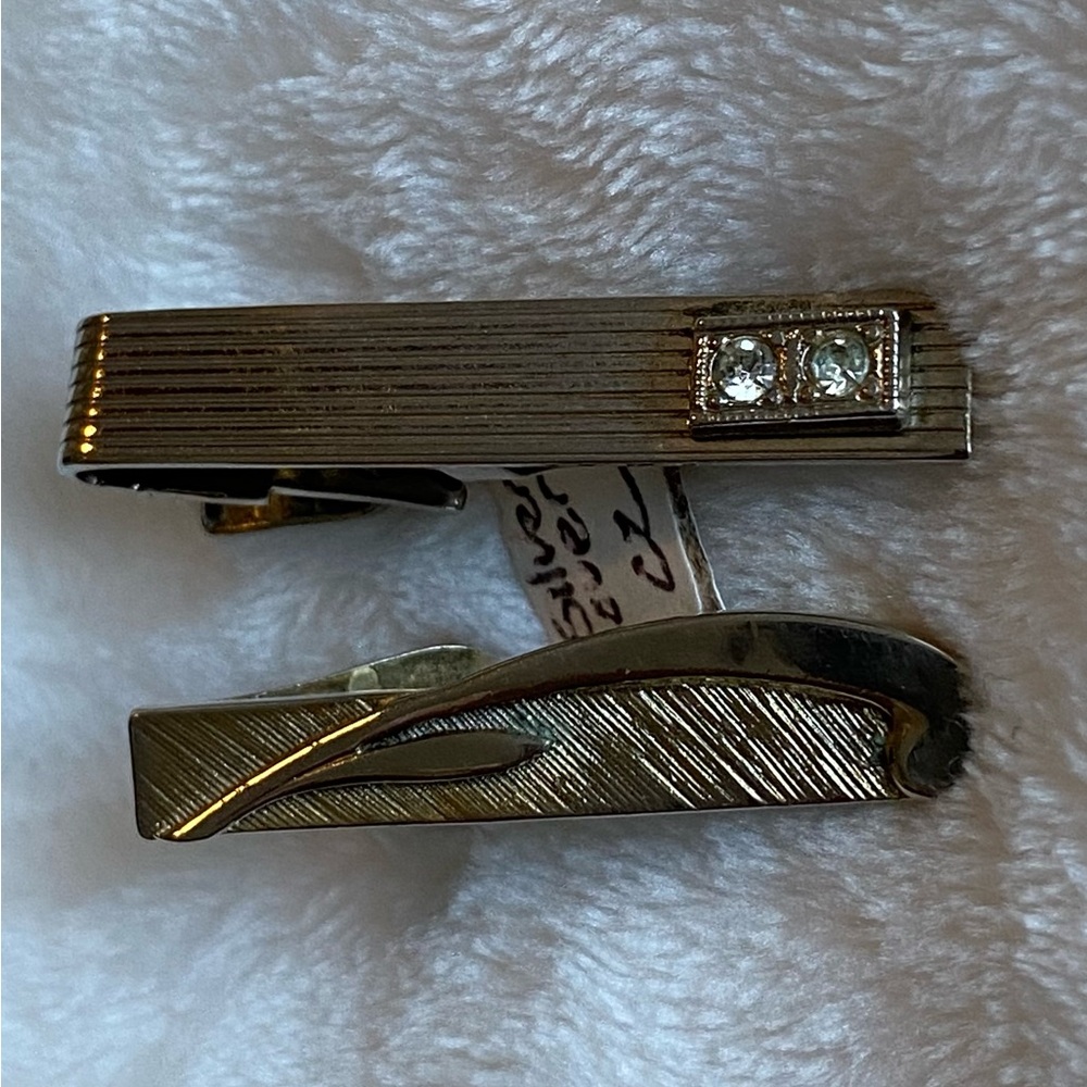 2 Tie Clips Silver overlay & CZ 1930’s / silver & gold tone mixed metal
